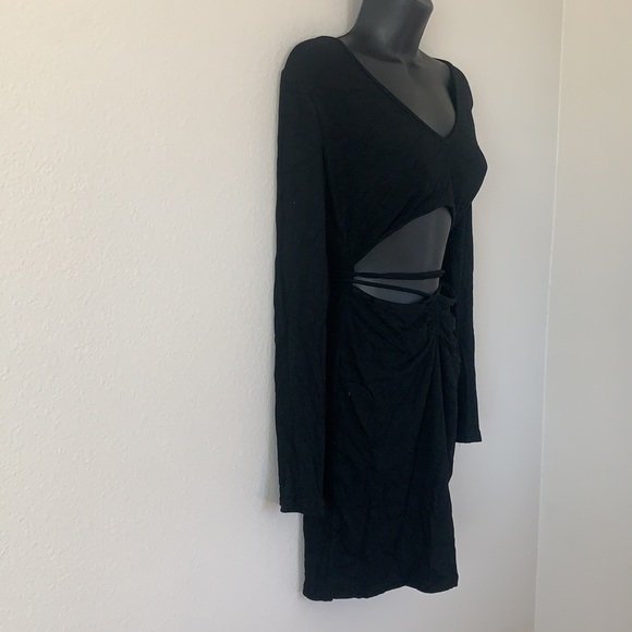 Princess Polly Noa Black Long Sleeve Ribbed Cut Out Criss Cross Tie Mini Dress - Picture 7 of 11